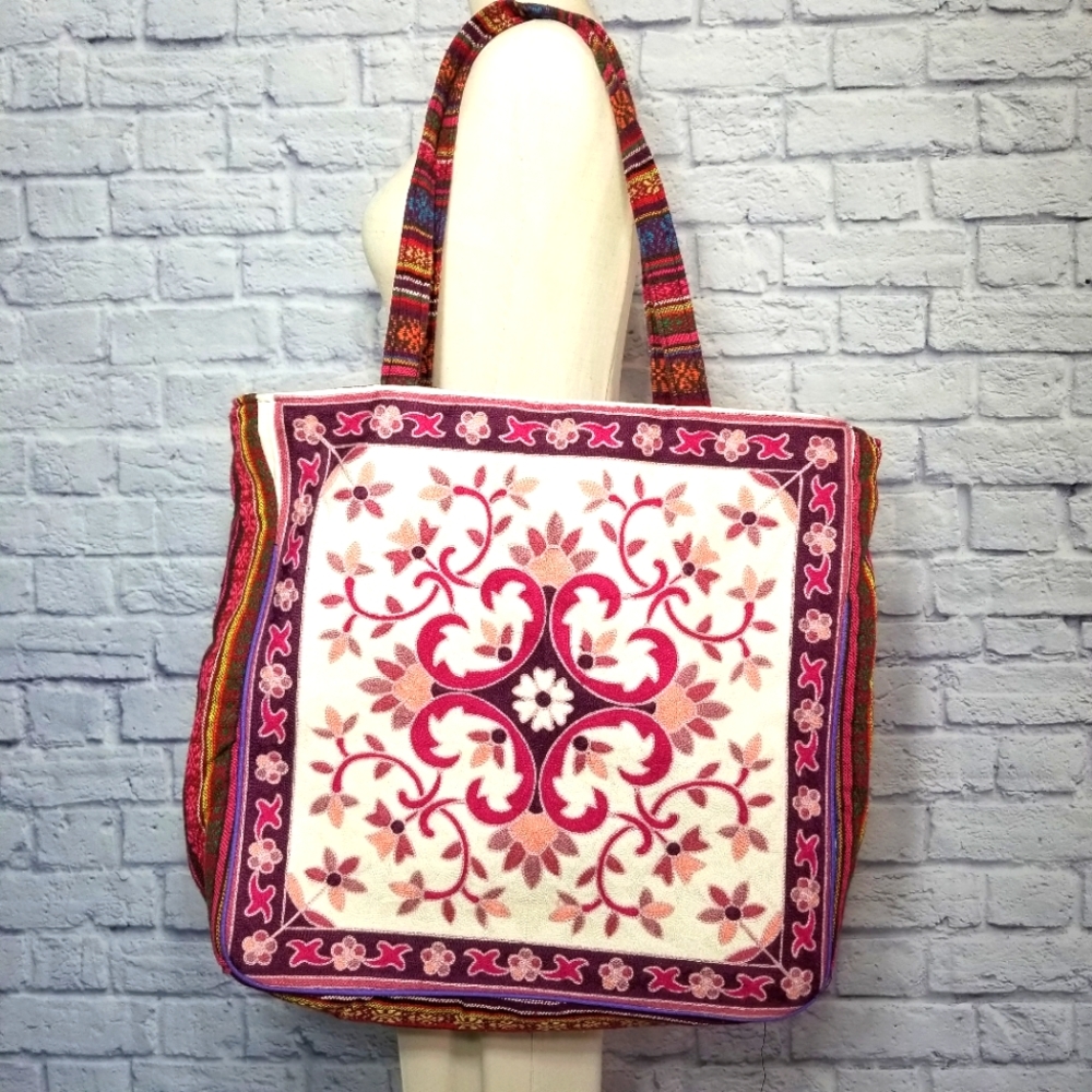 Mexican Oaxaca Floral Embroidered Large Tote Pink White